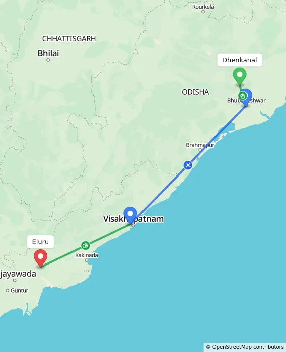 Route map showing distance and travel time from Dhenkanal, India to Eluru, India
