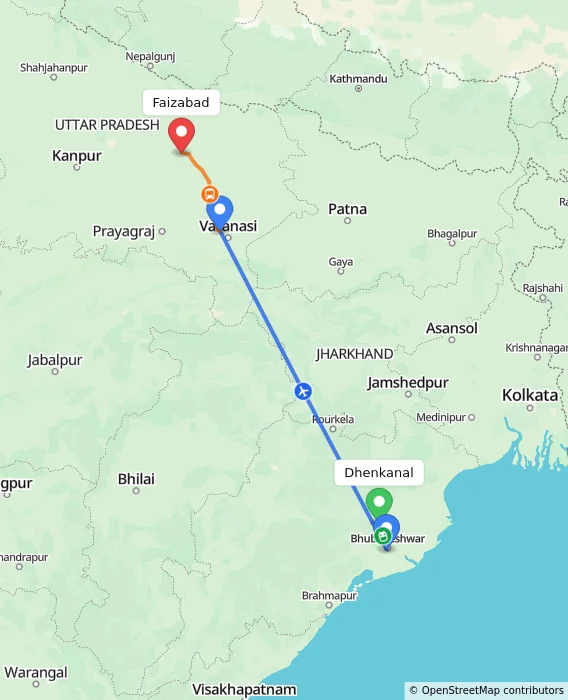 Route map showing distance and travel time from Dhenkanal, India to Faizabad, India