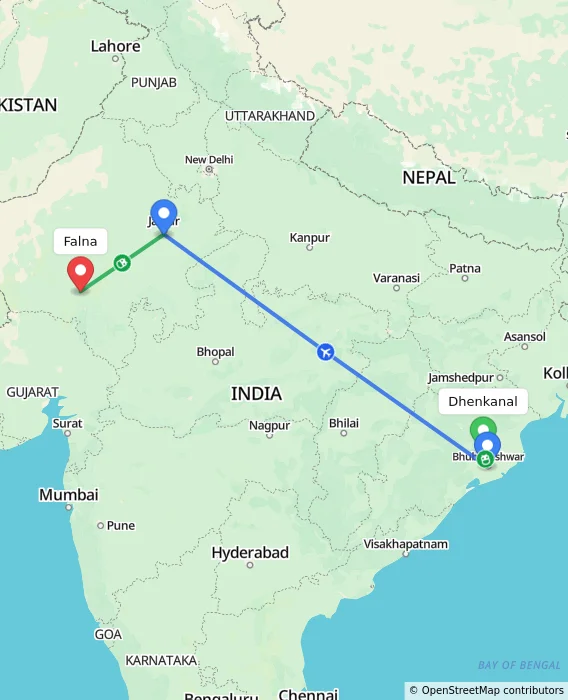 Route map showing distance and travel time from Dhenkanal, India to Falna, India