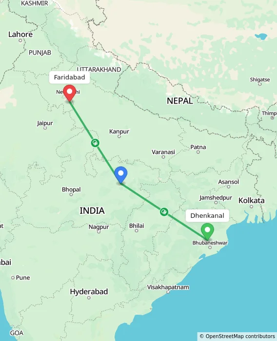 Route map showing distance and travel time from Dhenkanal, India to Faridabad, India