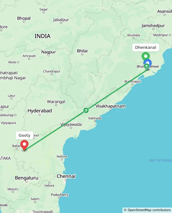 Route map showing distance and travel time from Dhenkanal, India to Gooty, India
