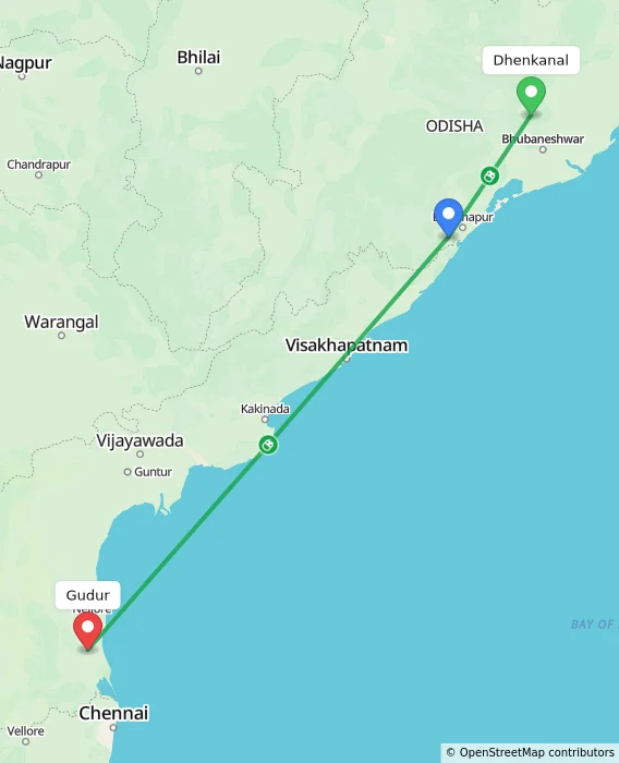 Route map showing distance and travel time from Dhenkanal, India to Gudur, India