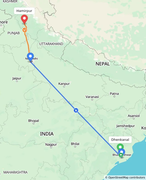 Route map showing distance and travel time from Dhenkanal, India to Hamirpur, India