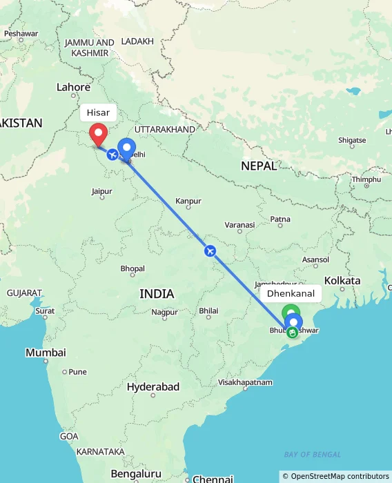 Route map showing distance and travel time from Dhenkanal, India to Hisar, India