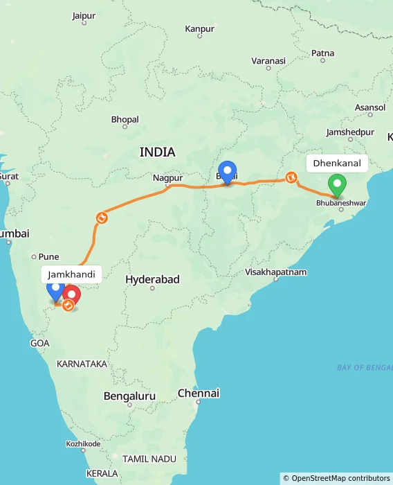 Route map showing distance and travel time from Dhenkanal, India to Jamkhandi, India