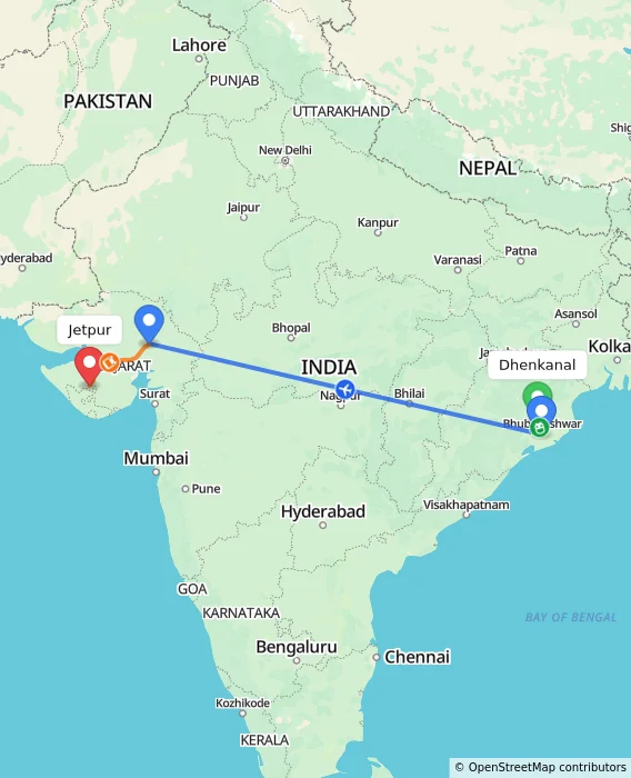 Route map showing distance and travel time from Dhenkanal, India to Jetpur, India