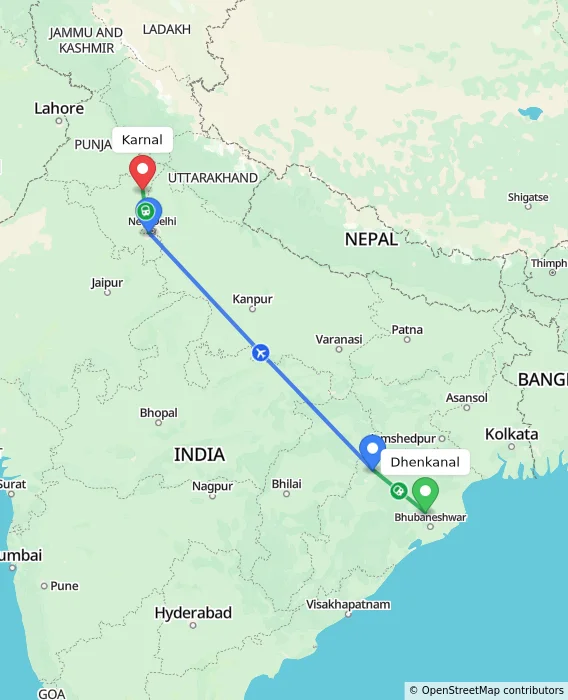 Route map showing distance and travel time from Dhenkanal, India to Karnal, India