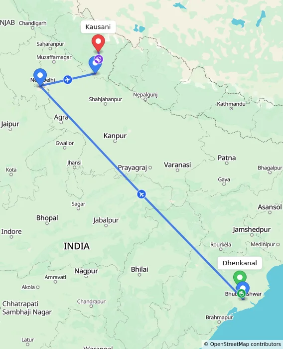Route map showing distance and travel time from Dhenkanal, India to Kausani, India