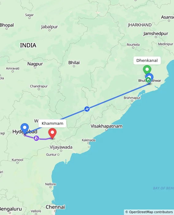 Route map showing distance and travel time from Dhenkanal, India to Khammam, India
