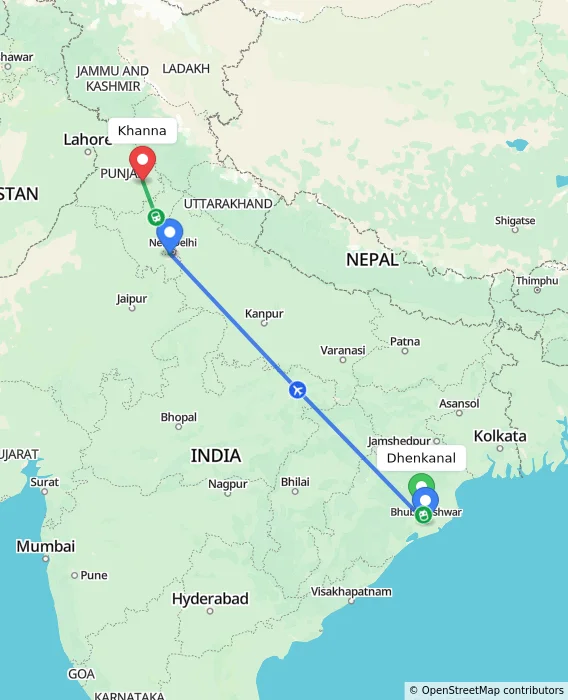 Route map showing distance and travel time from Dhenkanal, India to Khanna, India