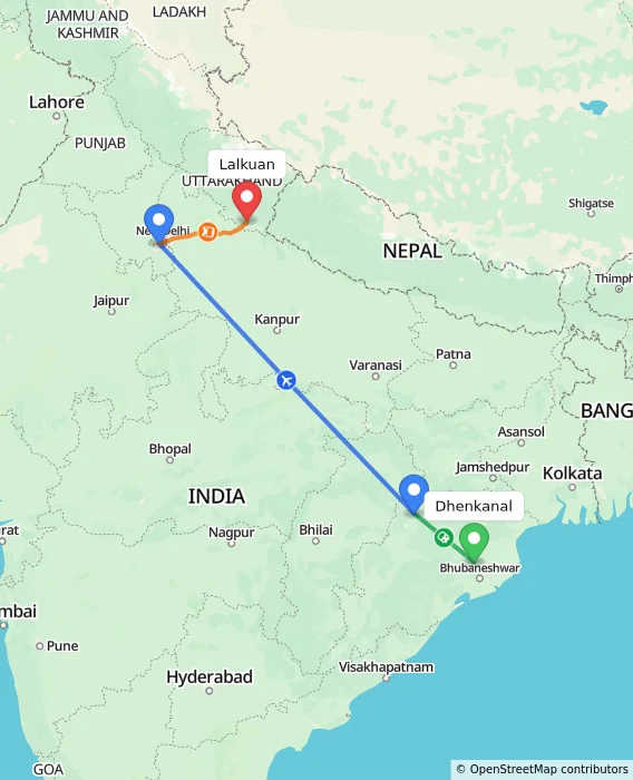 Route map showing distance and travel time from Dhenkanal, India to Lalkuan, India