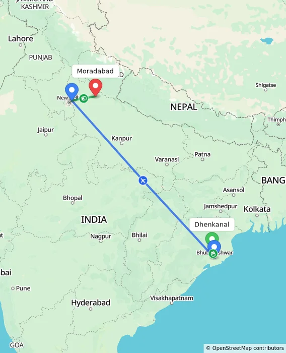 Route map showing distance and travel time from Dhenkanal, India to Moradabad, India