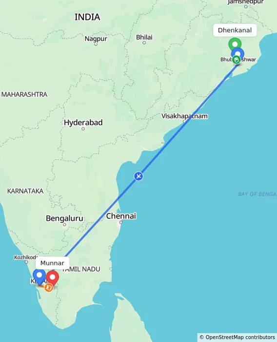 Route map showing distance and travel time from Dhenkanal, India to Munnar, India