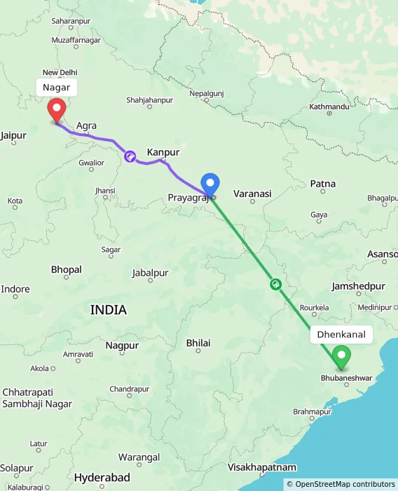 Route map showing distance and travel time from Dhenkanal, India to Nagar, India