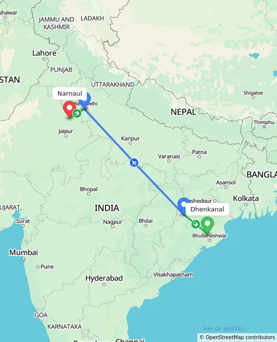 Route map showing distance and travel time from Dhenkanal, India to Narnaul, India