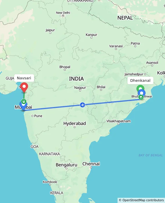 Route map showing distance and travel time from Dhenkanal, India to Navsari, India