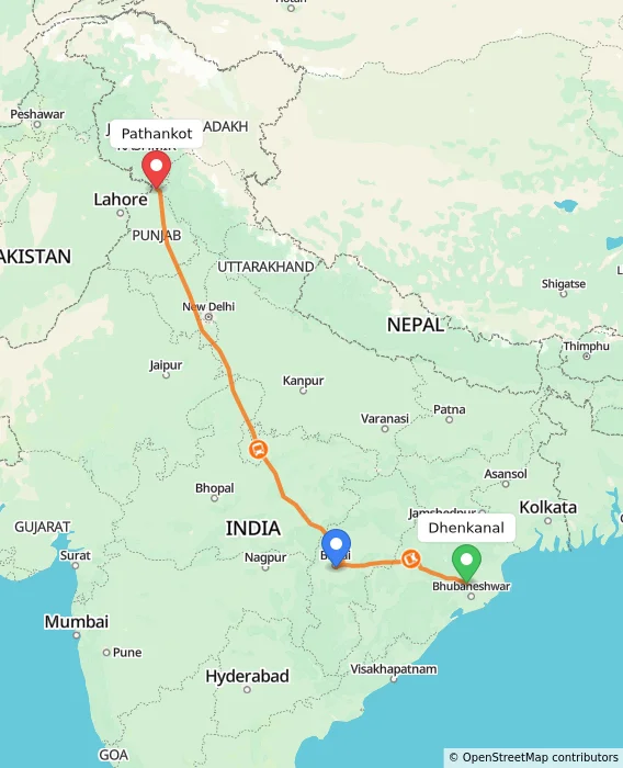 Route map showing distance and travel time from Dhenkanal, India to Pathankot, India