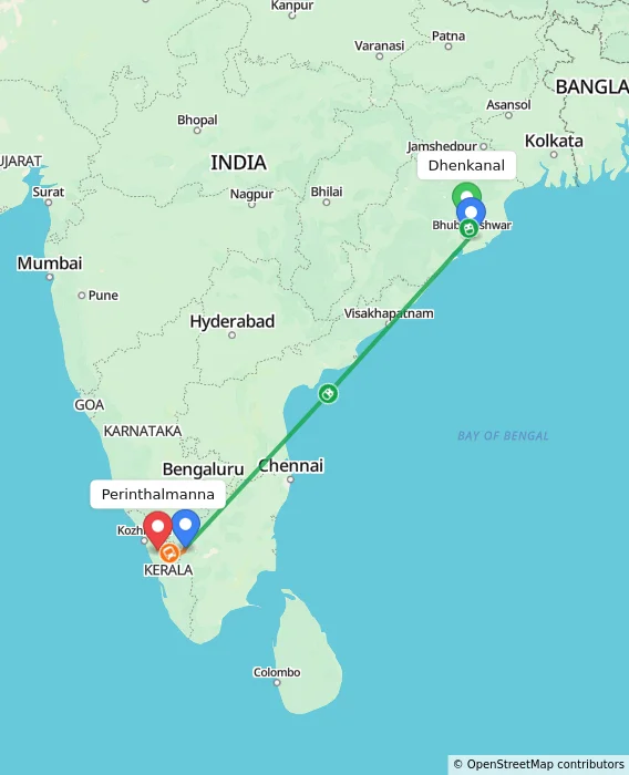 Route map showing distance and travel time from Dhenkanal, India to Perinthalmanna, India