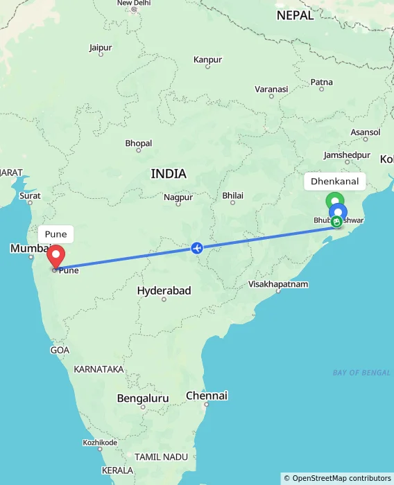 Route map showing distance and travel time from Dhenkanal, India to Pune, India