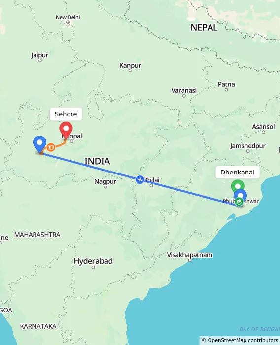 Route map showing distance and travel time from Dhenkanal, India to Sehore, India