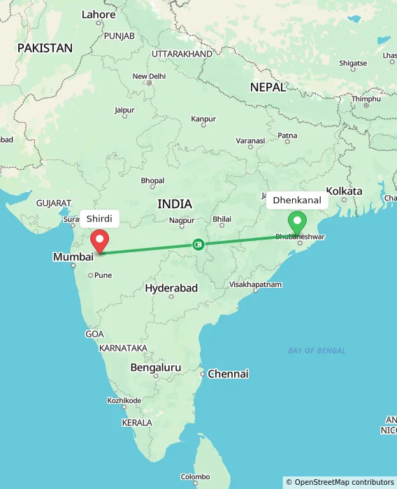 Route map showing distance and travel time from Dhenkanal, India to Shirdi, India