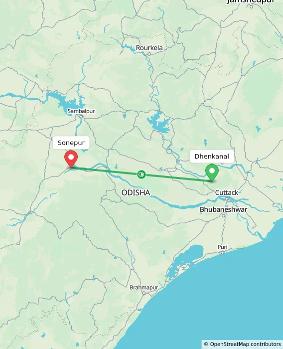 Route map showing distance and travel time from Dhenkanal, India to Sonepur, India