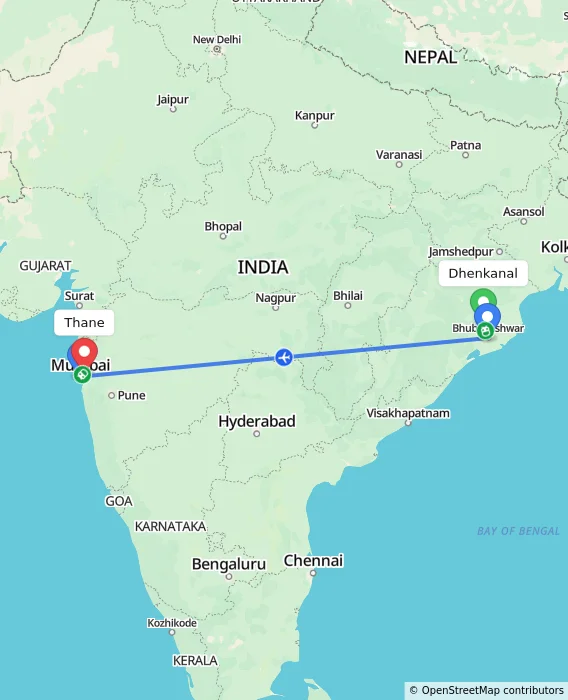 Route map showing distance and travel time from Dhenkanal, India to Thane, India