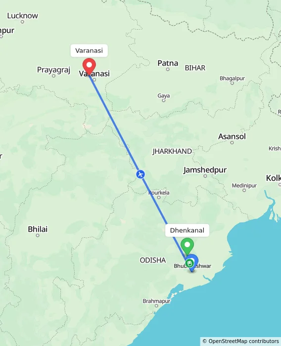 Route map showing distance and travel time from Dhenkanal, India to Varanasi, India