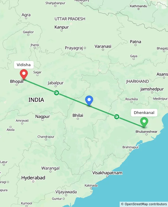 Route map showing distance and travel time from Dhenkanal, India to Vidisha, India