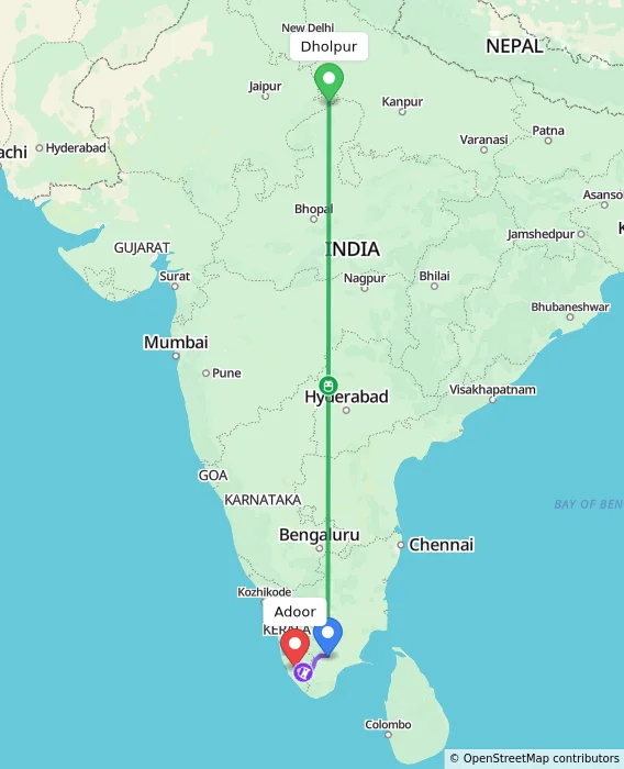 Route map showing distance and travel time from Dholpur, India to Adoor, India