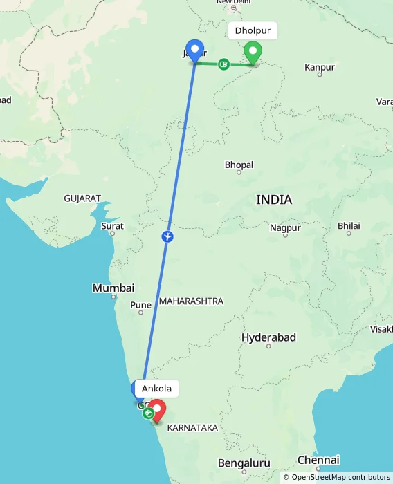 Route map showing distance and travel time from Dholpur, India to Ankola, India