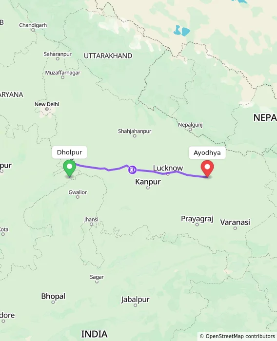 Route map showing distance and travel time from Dholpur, India to Ayodhya, India