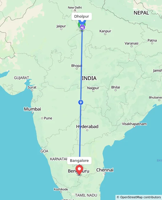 Route map showing distance and travel time from Dholpur, India to Bangalore, India