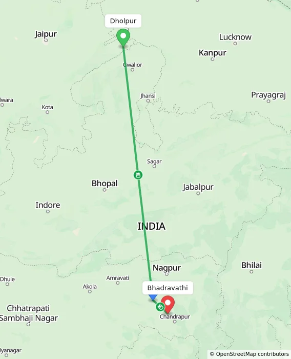 Route map showing distance and travel time from Dholpur, India to Bhadravathi, India