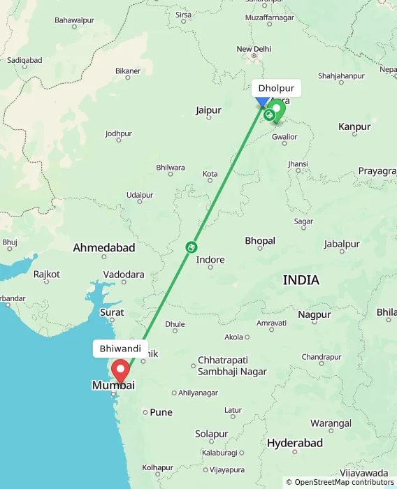 Route map showing distance and travel time from Dholpur, India to Bhiwandi, India