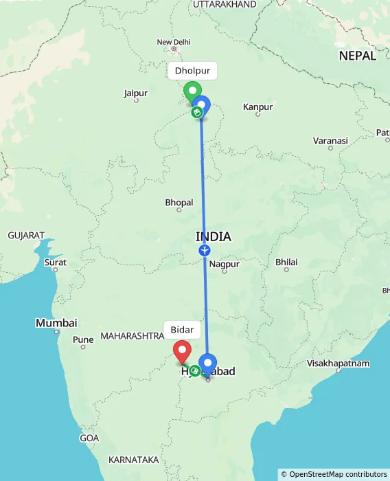 Route map showing distance and travel time from Dholpur, India to Bidar, India