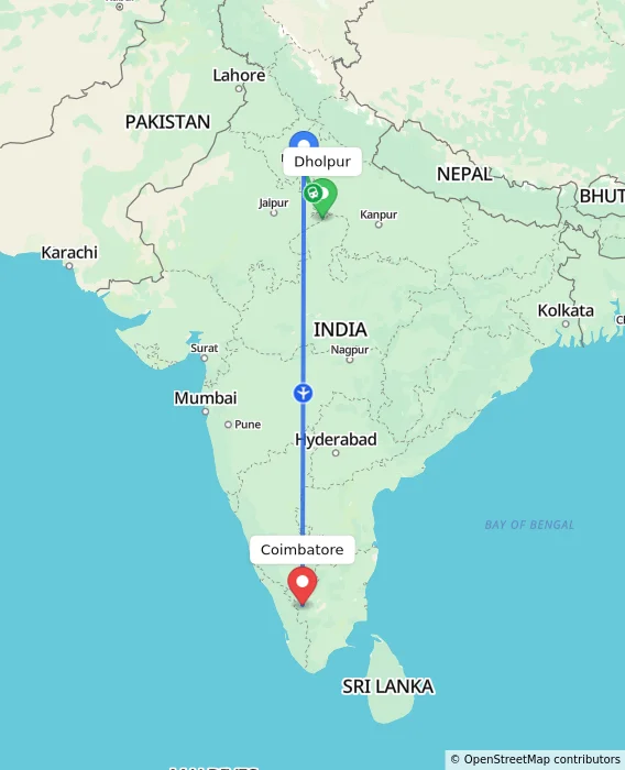 Route map showing distance and travel time from Dholpur, India to Coimbatore, India
