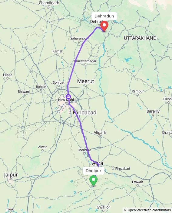 Route map showing distance and travel time from Dholpur, India to Dehradun, India