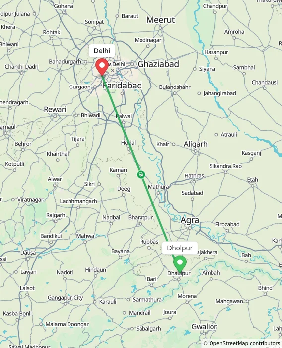 Route map showing distance and travel time from Dholpur, India to Delhi, India