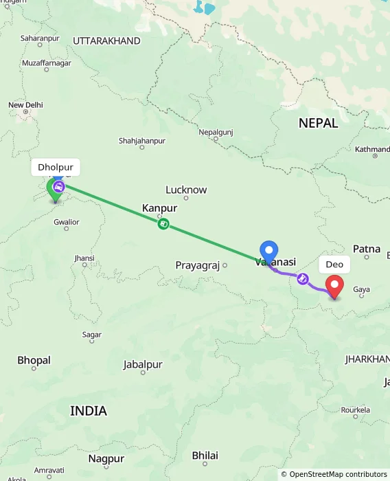 Route map showing distance and travel time from Dholpur, India to Deo, India