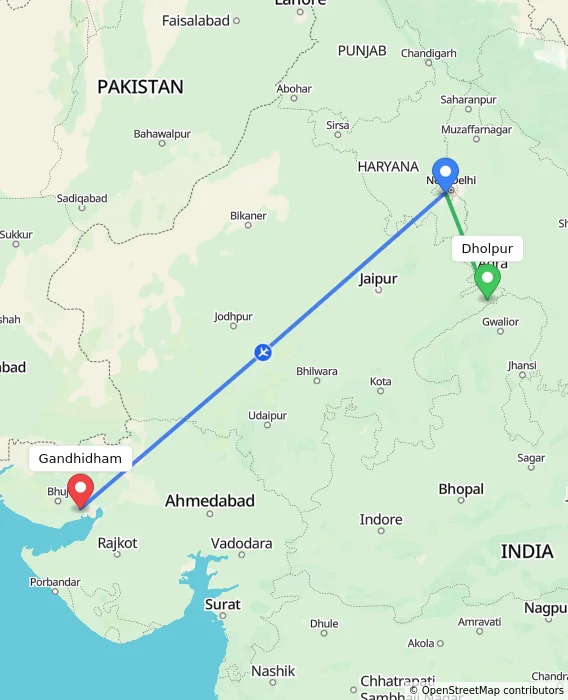 Route map showing distance and travel time from Dholpur, India to Gandhidham, India