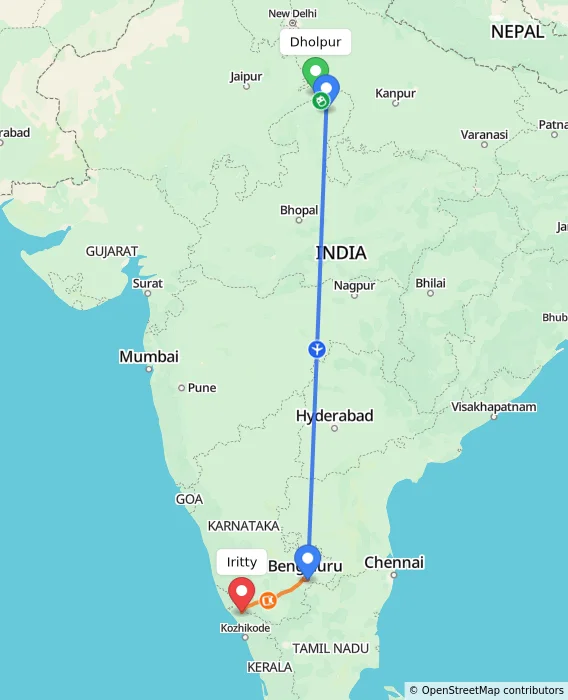 Route map showing distance and travel time from Dholpur, India to Iritty, India