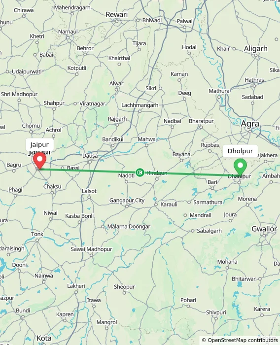 Route map showing distance and travel time from Dholpur, India to Jaipur, India
