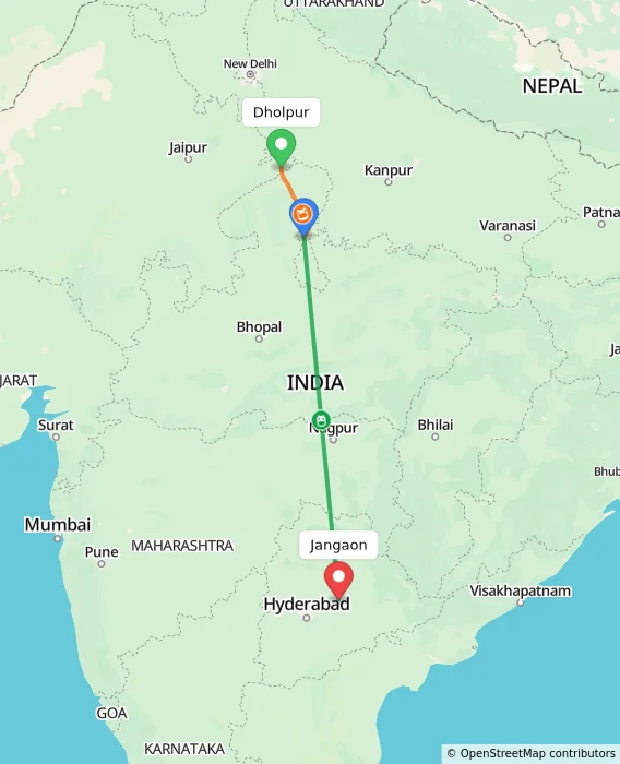 Route map showing distance and travel time from Dholpur, India to Jangaon, India