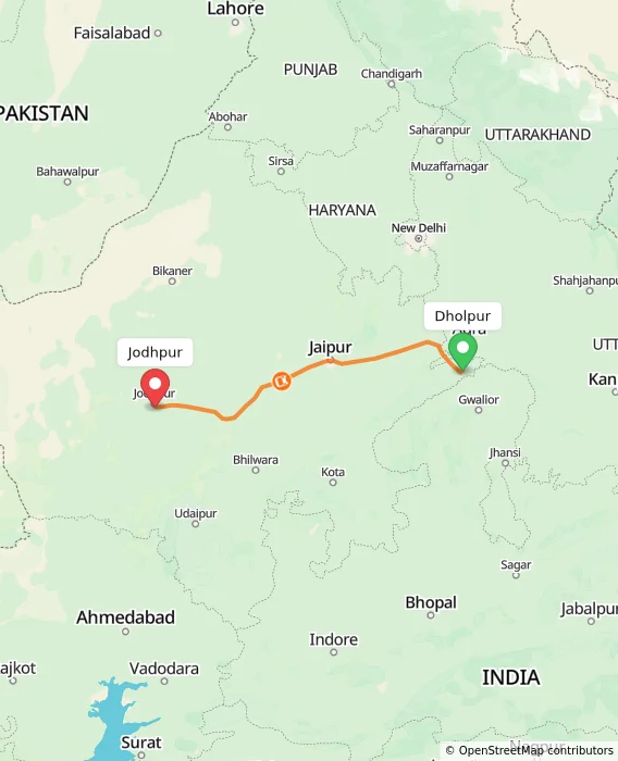 Route map showing distance and travel time from Dholpur, India to Jodhpur, India