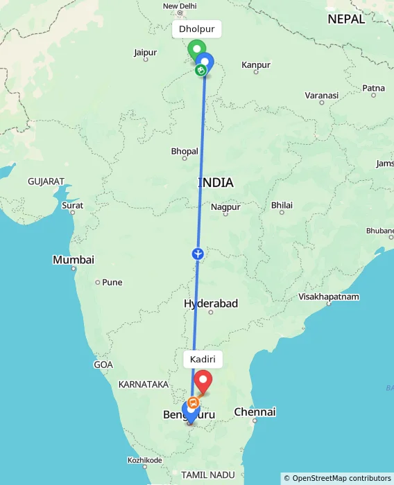 Route map showing distance and travel time from Dholpur, India to Kadiri, India