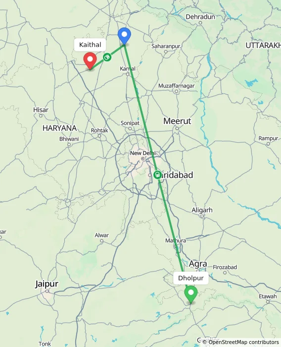 Route map showing distance and travel time from Dholpur, India to Kaithal, India