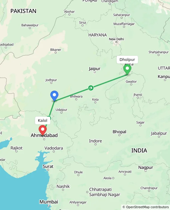Route map showing distance and travel time from Dholpur, India to Kalol, India