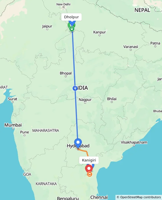 Route map showing distance and travel time from Dholpur, India to Kanigiri, India