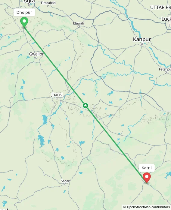 Route map showing distance and travel time from Dholpur, India to Katni, India
